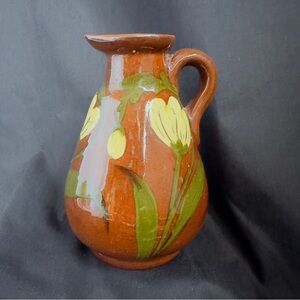 Hand Made Terracotta Clay Little Brown Jug Pitcher Painted Tulips & Leaves Appli